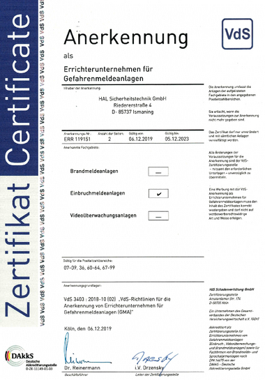 VdS Schadenverhütung GmbH - Zertifikat